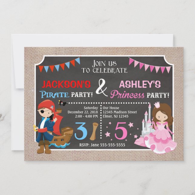 Princess and Pirate Joint BIdday Einladung (Vorderseite)