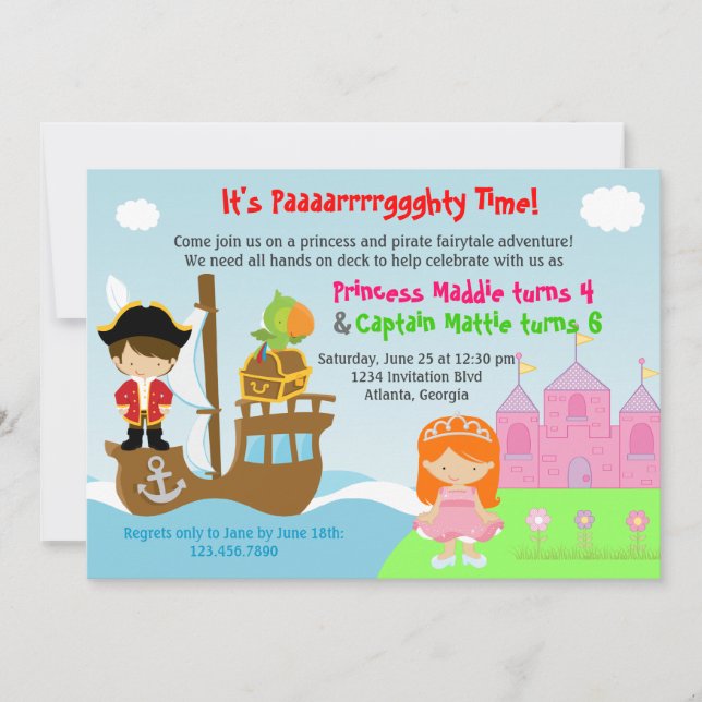 Princess and Pirate Twins Joint Birthday Party Einladung (Vorderseite)