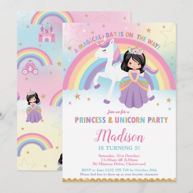 Princess and Unicorn Birthday Party Rainbow Einladung (Vorne/Hinten)