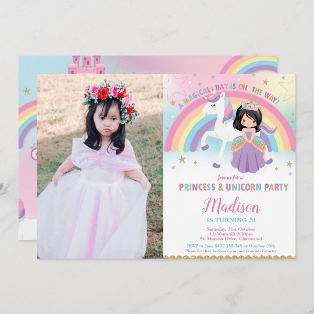 Princess and Unicorn Birthday Party Rainbow Foto Einladung (Vorne/Hinten)