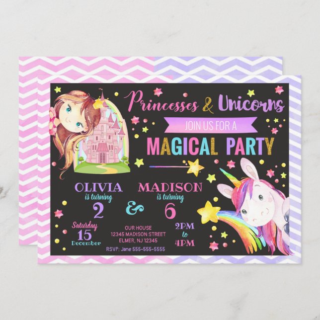 Princess and Unicorn Joint Birthday Einladung (Vorne/Hinten)
