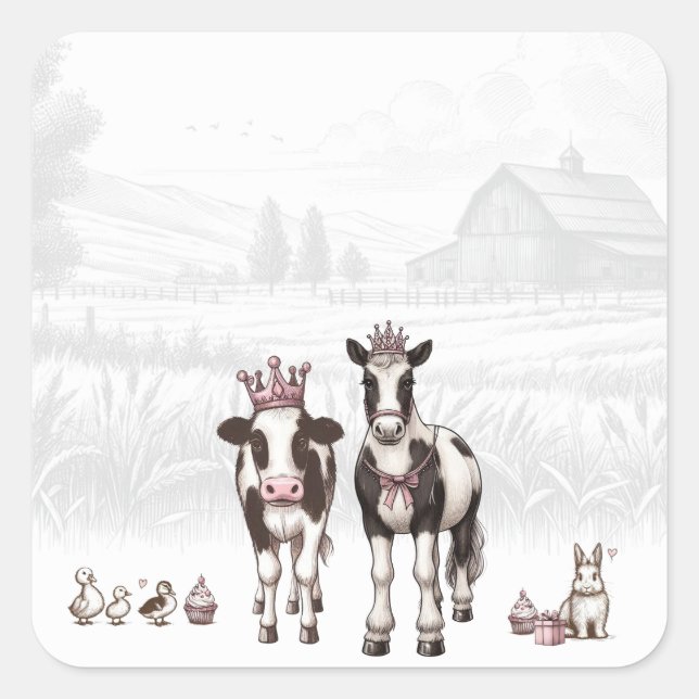Princess Animals Geburtstagsparty Quadratischer Aufkleber (Vorderseite)