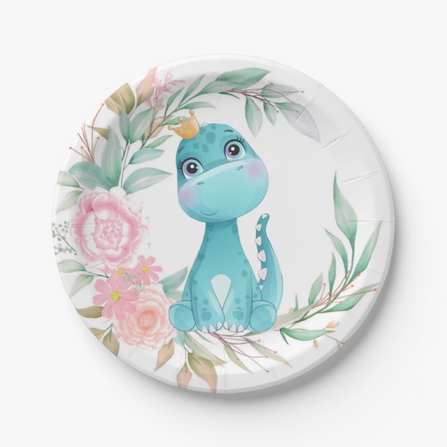 Princess Aqua Dinosaur Pink Peony Baby Dusche Pappteller (Vorderseite)