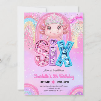 Princess Axolotl 6. Geburtstag Regenbogen Paillett Einladung