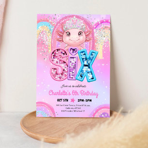 Princess Axolotl 6. Geburtstag Regenbogen Paillett Einladung