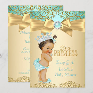Princess Baby Dusche Aquamarin Gold Damask Einladung