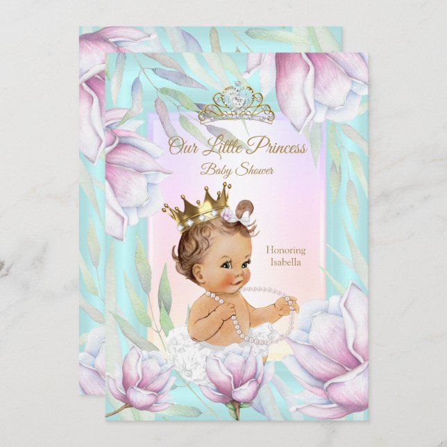 Princess Baby Dusche Aquamarin Pink Lilac Floral Einladung (Vorne/Hinten)