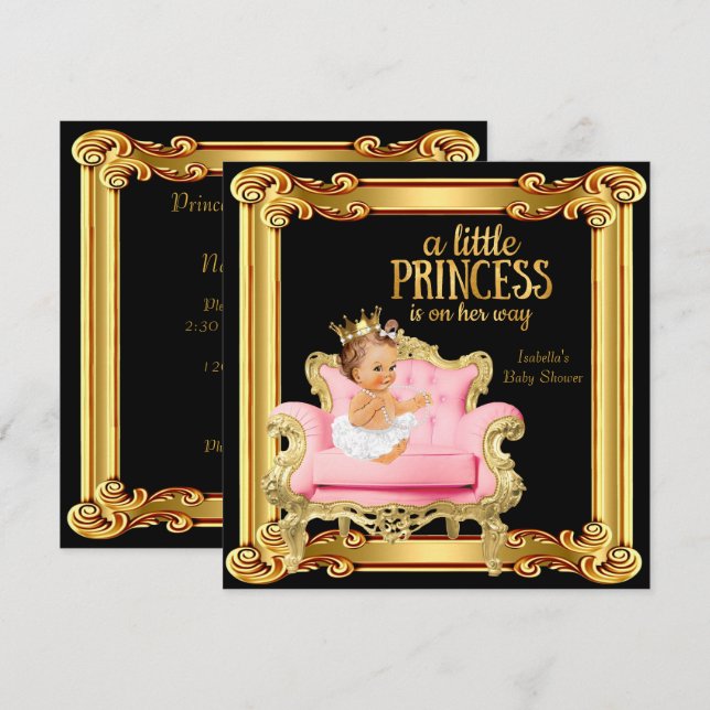 Princess Baby Dusche Black Pink Gold Stuhl Einladung (Vorne/Hinten)