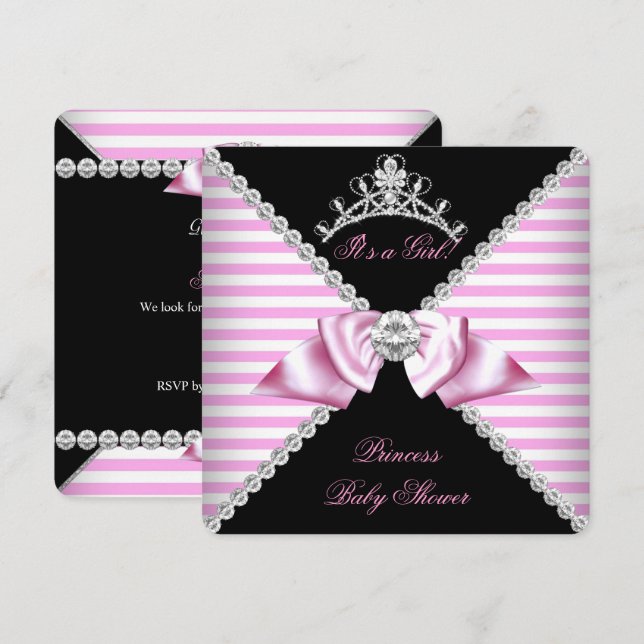 Princess Baby Dusche Black Pink Strip Bow Diamond Einladung (Vorne/Hinten)