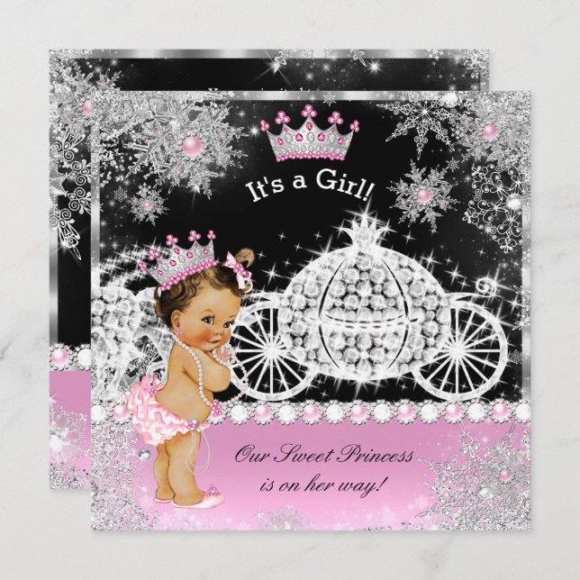 Princess Baby Dusche Carriage Pink Black Brünett Einladung (Vorne/Hinten)