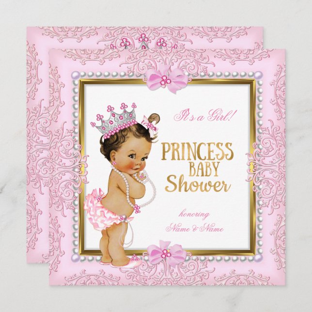 Princess Baby Dusche Gold Pink Pearls Spitze Einladung (Vorne/Hinten)