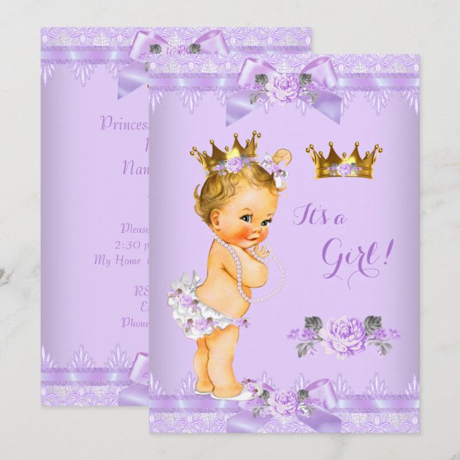 Princess Baby Dusche Lila Rose Leader Blonde Girl Einladung (Vorne/Hinten)