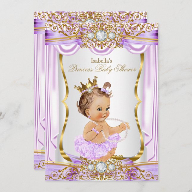 Princess Baby Dusche Lila Seide Gold Brünett 2 Einladung (Vorne/Hinten)
