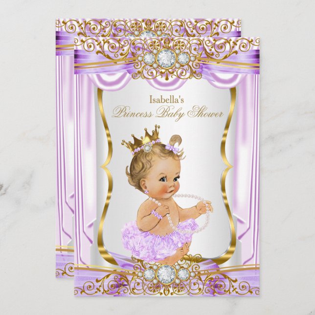 Princess Baby Dusche Lila Seidengoldblone Einladung (Vorne/Hinten)