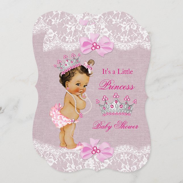 Princess Baby Dusche Pink Burlap Lace Brünett Einladung (Vorne/Hinten)