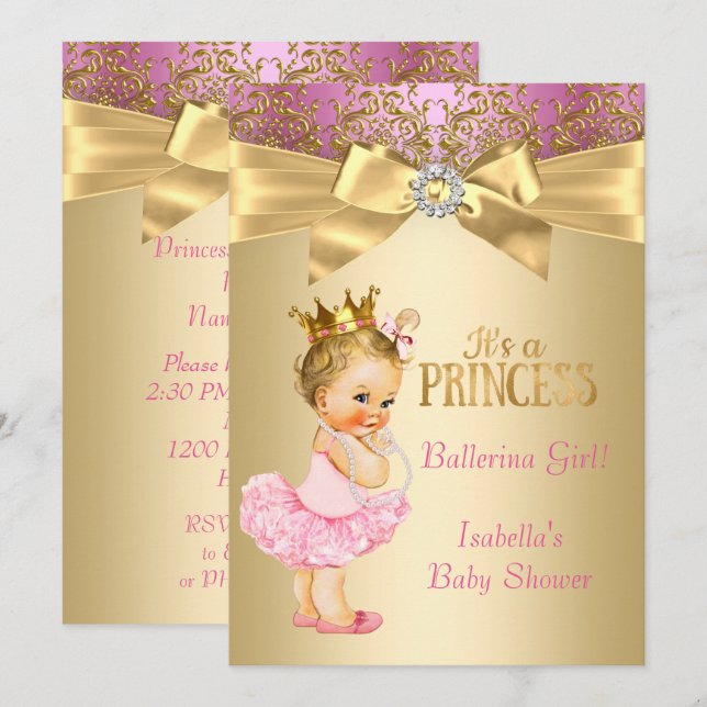 Princess Baby Dusche Pink Gold Ballerina Blonde Einladung (Vorne/Hinten)