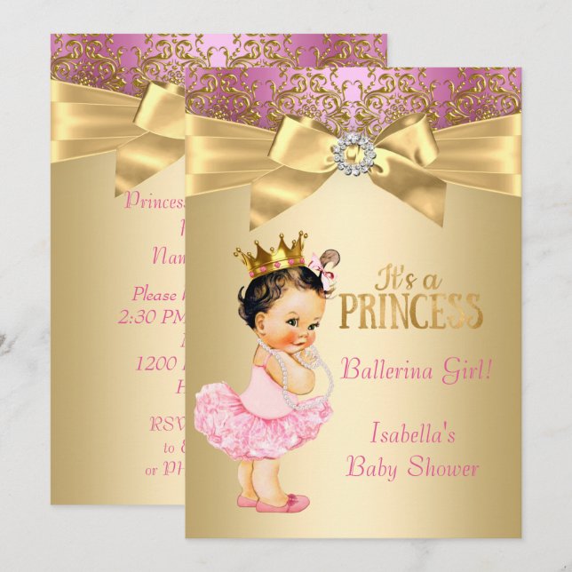 Princess Baby Dusche Pink Gold Ballerina Brünett Einladung (Vorne/Hinten)