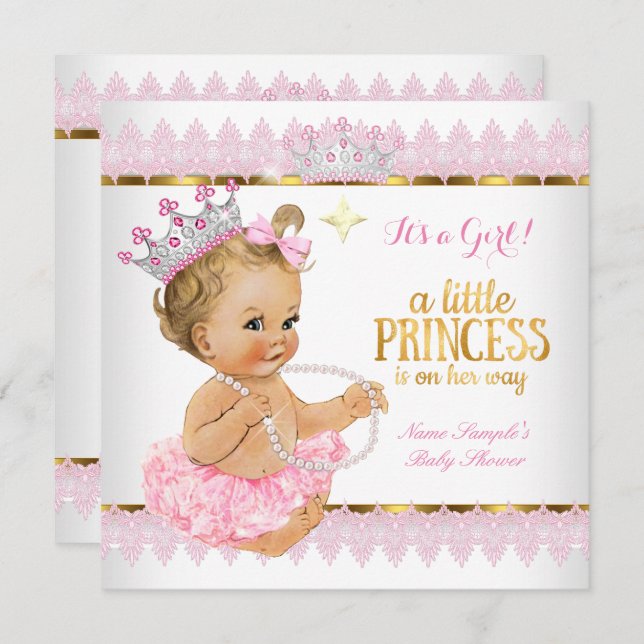 Princess Baby Dusche Pink Gold Blonde Girl Einladung (Vorne/Hinten)
