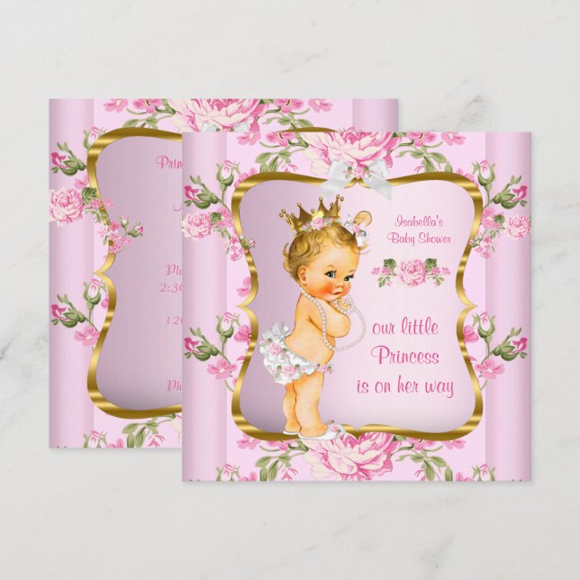 Princess Baby Dusche Pink Gold Blondine Einladung (Vorne/Hinten)
