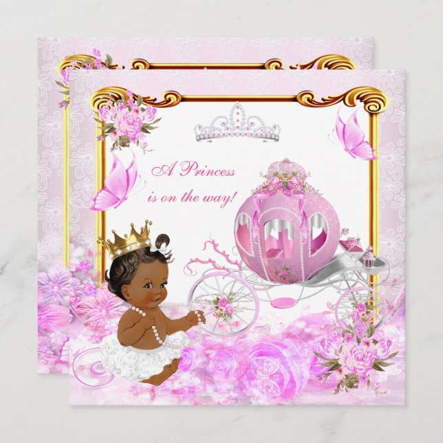 Princess Baby Dusche Pink Gold Carriage Ethnic Einladung (Vorne/Hinten)