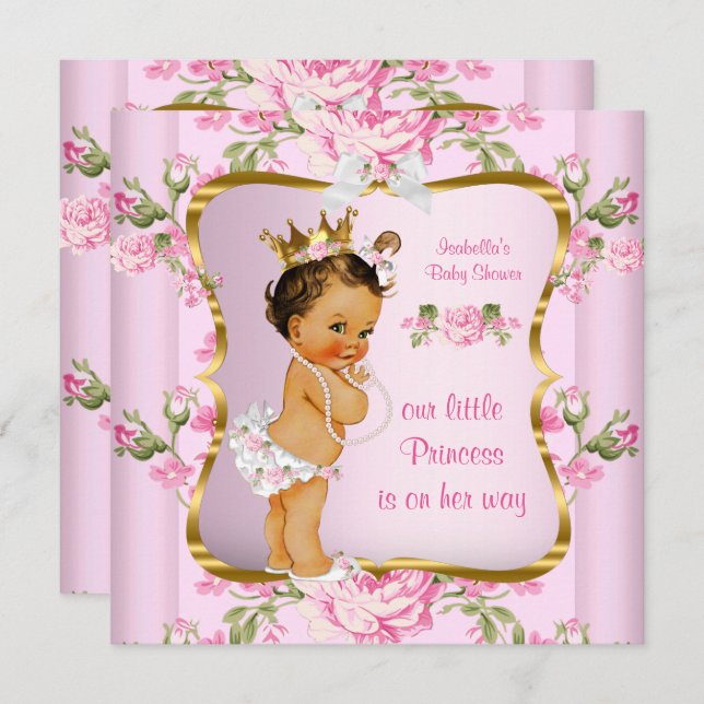 Princess Baby Dusche Pink Gold Floral Brünett Einladung (Vorne/Hinten)