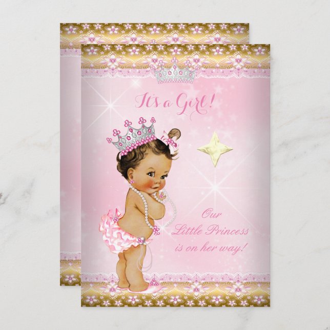 Princess Baby Dusche Pink Gold Lace Tiara Brünett Einladung (Vorne/Hinten)