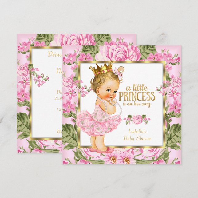 Princess Baby Dusche Pink Gold Rose Blondine Einladung (Vorne/Hinten)