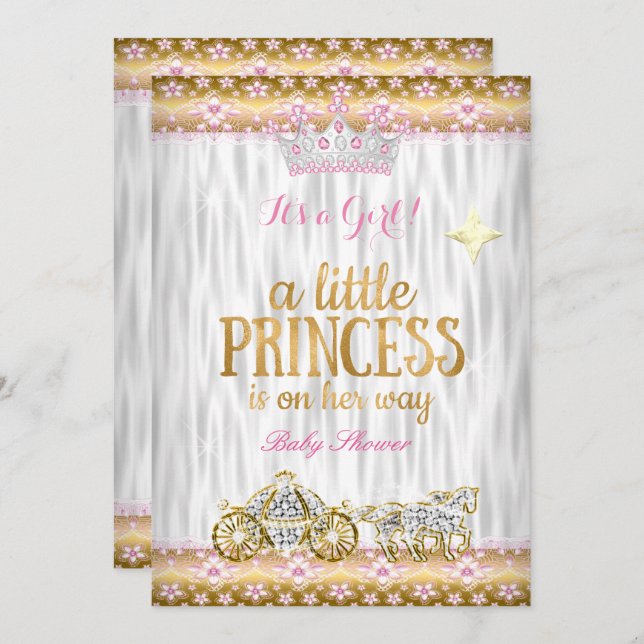 Princess Baby Dusche Pink Gold Weißes Carriage Einladung (Vorne/Hinten)