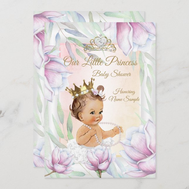 Princess Baby Dusche Pink Lilac Brünett Einladung (Vorne/Hinten)