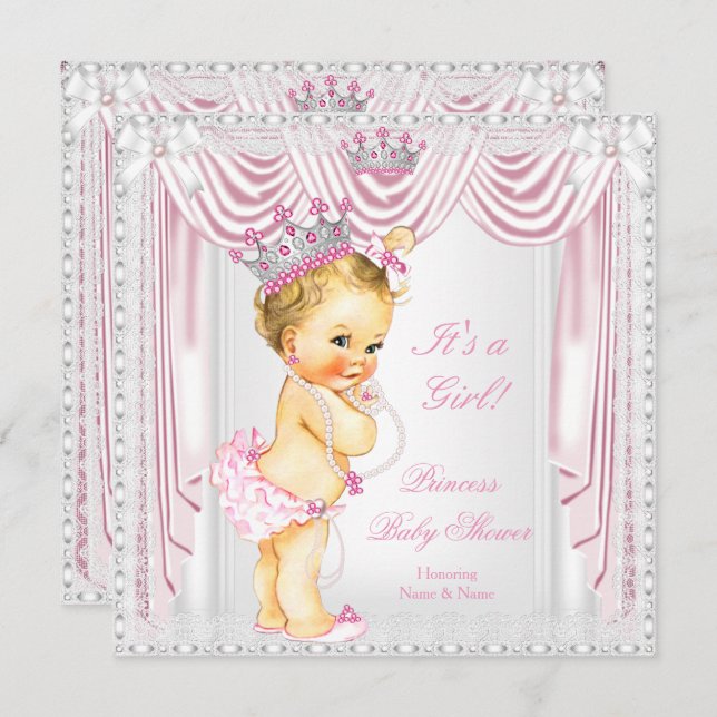 Princess Baby Dusche Pink Satin Light Skin Einladung (Vorne/Hinten)