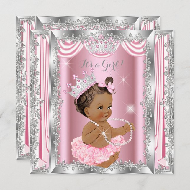 Princess Baby Dusche Pink Silver Ballerina Dark Einladung (Vorne/Hinten)