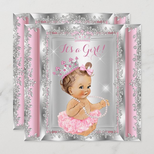 Princess Baby Dusche Pink Silver Tutu Brünett Einladung (Vorne/Hinten)