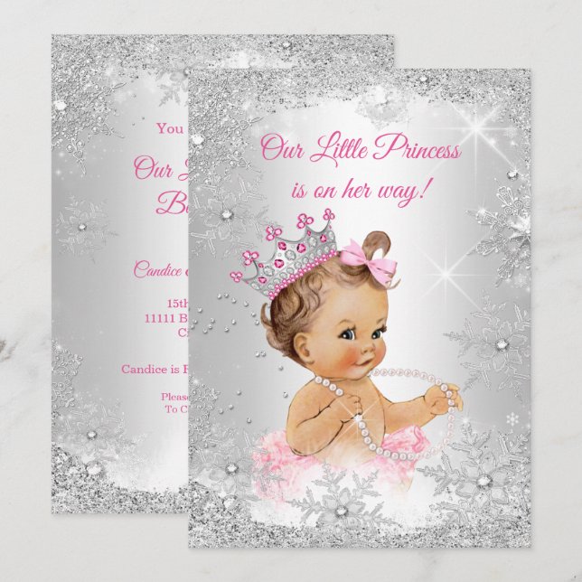 Princess Baby Dusche Pink Silver Winter Wunderland Einladung (Vorne/Hinten)