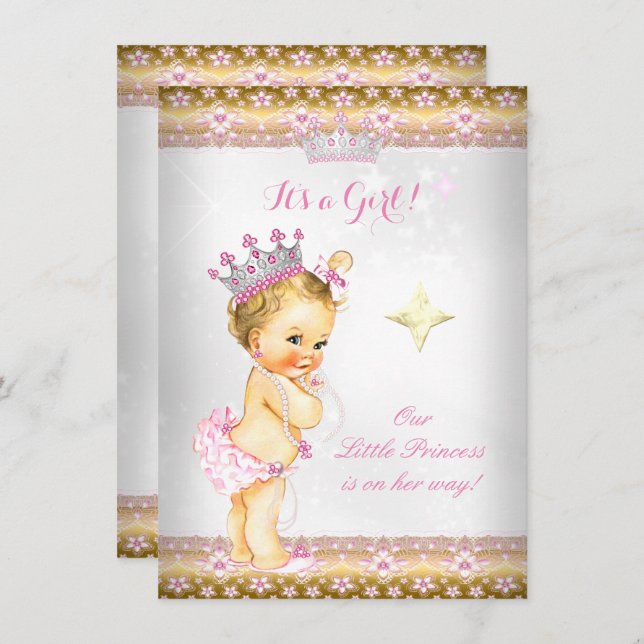 Princess Baby Dusche Pink White Gold Tiara Blonde Einladung (Vorne/Hinten)
