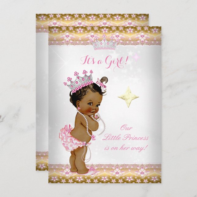 Princess Baby Dusche Pink White Gold Tiara Ethnic Einladung (Vorne/Hinten)