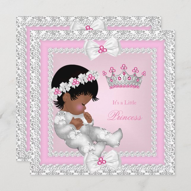 Princess Baby Dusche Pink White Gray Damask Ethnis Einladung (Vorne/Hinten)