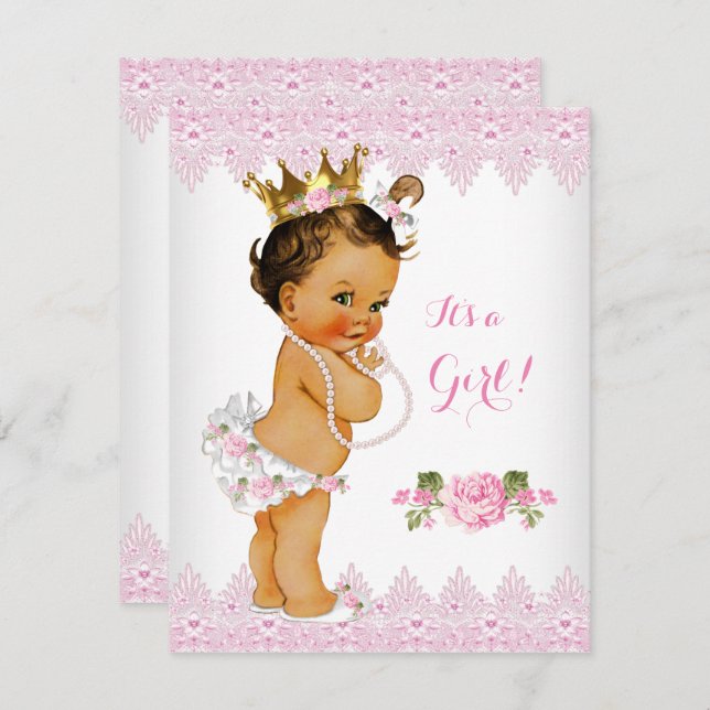 Princess Baby Dusche Rosa Schnürsenkel Weiß Brünet Einladung (Vorne/Hinten)