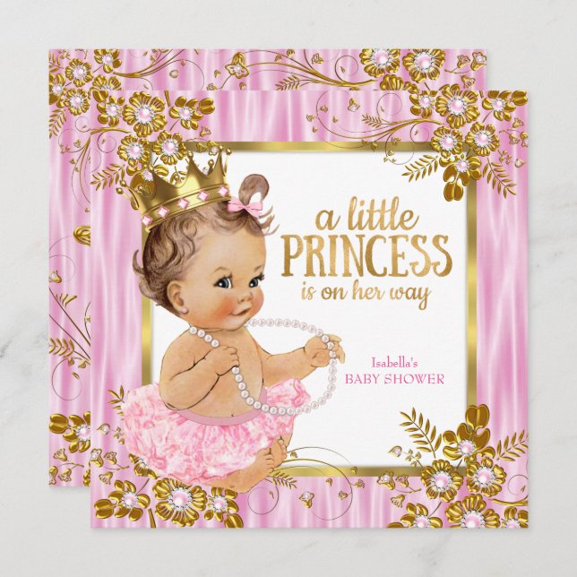 Princess Baby Dusche Rosa Seide Brünett Einladung (Vorne/Hinten)