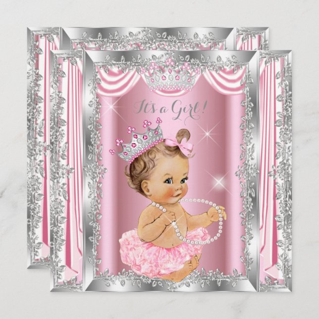Princess Baby Dusche Rosa Silver Ballerina Light Einladung (Vorne/Hinten)