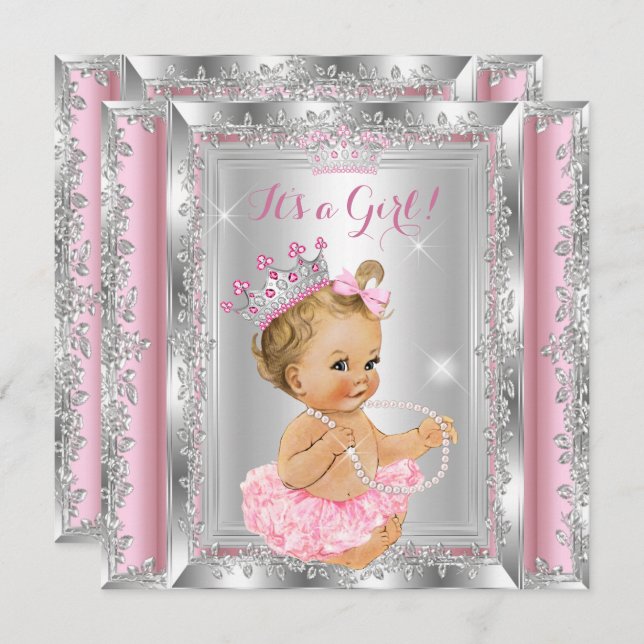 Princess Baby Dusche Rosa Silver Tutu Blonde Einladung (Vorne/Hinten)