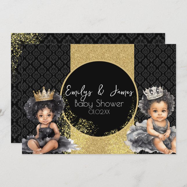 Princess Baby Gold Black Baby Twins Dusche Einladung (Vorne/Hinten)