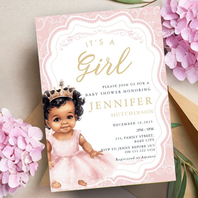 Princess Baby Shower African American Baby Girl Einladung (Princess Baby Shower African American Baby Girl Invitation)