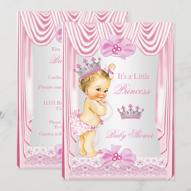 Princess Baby Shower Blonde Girl Pink Silk Einladung (Vorne/Hinten)