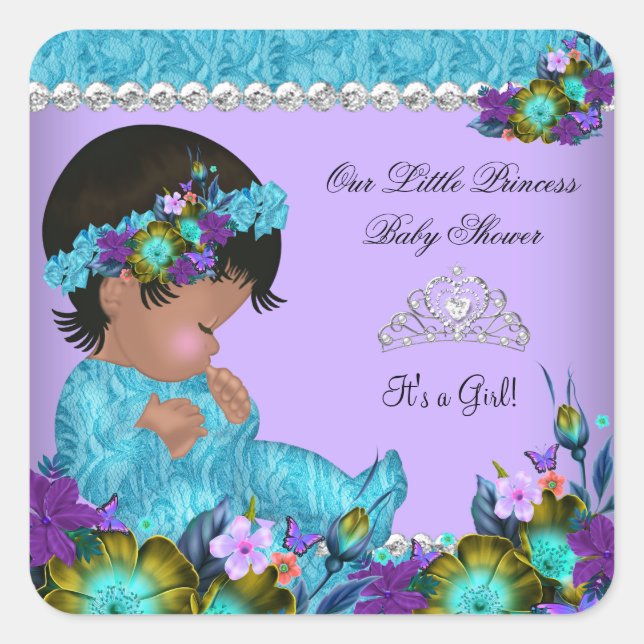 Princess Baby Shower Girl Aquamarin Blue Lila Quadratischer Aufkleber (Vorderseite)
