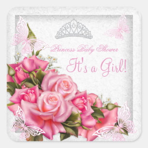 Princess Baby Shower Girl Butterfly Pink Rose 3 Quadratischer Aufkleber