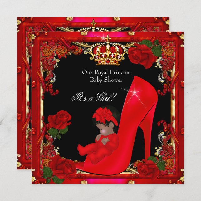 Princess Baby Shower Girl Gold Rote Rose Shoe 2a Einladung (Vorne/Hinten)