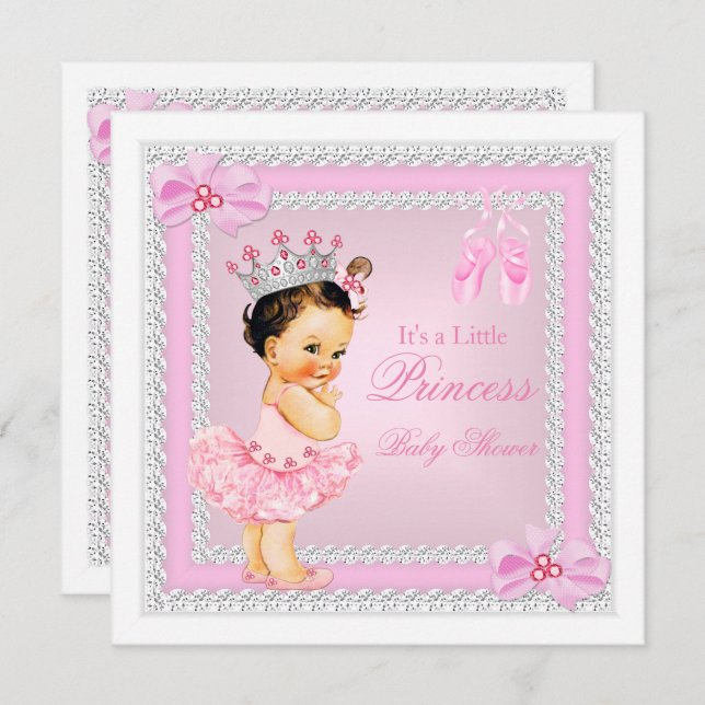 Princess Baby Shower Girl Pink Ballerina Brünett Einladung (Vorne/Hinten)