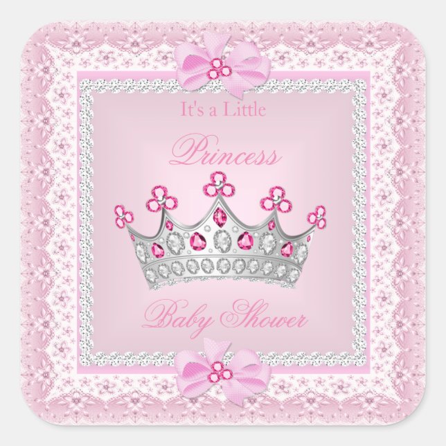 Princess Baby Shower Girl Pink Gem Silver Tiara Quadratischer Aufkleber (Vorderseite)