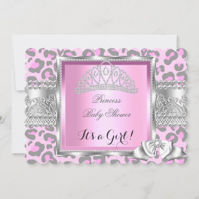 Princess Baby Shower Girl Pink Grau Leopard 2 Einladung (Vorderseite)