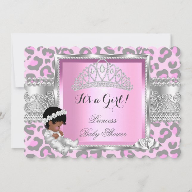 Princess Baby Shower Girl Pink Grau Leopard 4 Einladung (Vorderseite)